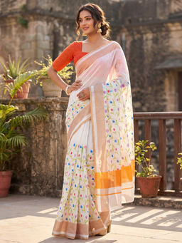SATRANI - Off-White Floral Printed Linen Ready To Wear Saree with Unstitched Blouse