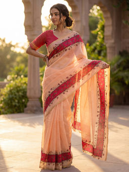SATRANI - Peach Floral Printed Linen Ready To Wear Saree with Unstitched Blouse