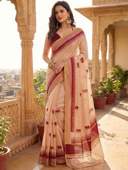 SATRANI - Peach Printed Linen Ready To Wear Saree with Unstitched Blouse