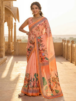 SATRANI - Dark Peach Printed Linen Ready To Wear Saree with Unstitched Blouse