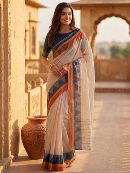 SATRANI - Peach Printed Linen Ready To Wear Saree with Unstitched Blouse