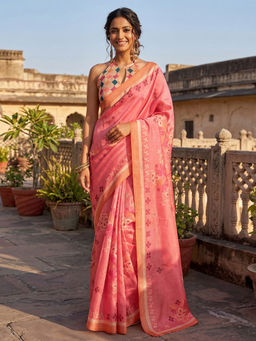 SATRANI - Pink Floral Printed Silk Ready To Wear Saree with Unstitched Blouse