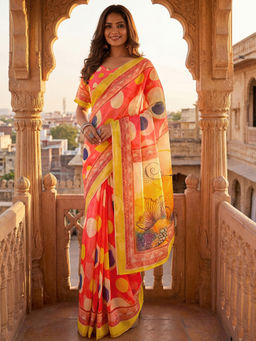 SATRANI - Pink Printed Linen Ready To Wear Saree with Unstitched Blouse