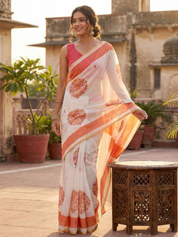 SATRANI - White Floral Printed Linen Ready To Wear Saree with Unstitched Blouse