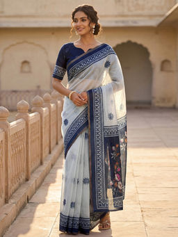 SATRANI - White Floral Printed Linen Ready To Wear Saree with Unstitched Blouse