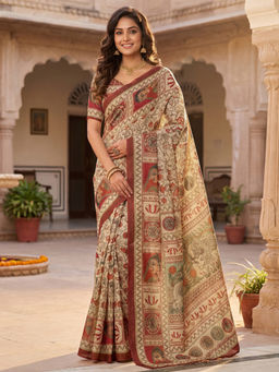 SATRANI - Beige Floral Printed Linen Ready To Wear Saree with Unstitched Blouse