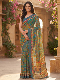SATRANI - Turquoise Floral Printed Linen Ready To Wear Saree with Unstitched Blouse