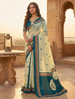 SATRANI - Cream Printed Linen Ready To Wear Saree with Unstitched Blouse
