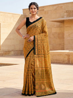 SATRANI - Mustard Floral Printed Linen Ready To Wear Saree with Unstitched Blouse