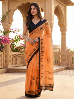 SATRANI - Orange Typography Linen Ready To Wear Saree with Unstitched Blouse