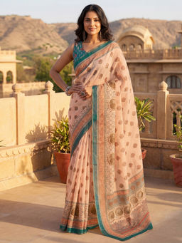 SATRANI - Peach Floral Printed Linen Ready To Wear Saree with Unstitched Blouse