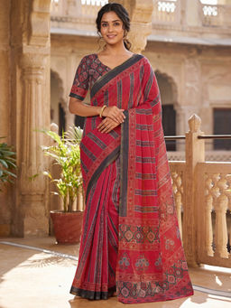 SATRANI - Red Floral Printed Linen Ready To Wear Saree with Unstitched Blouse