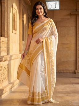 SATRANI - White Floral Printed Linen Ready To Wear Saree with Unstitched Blouse