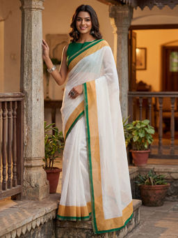 SATRANI - White Printed Linen Ready To Wear Saree with Unstitched Blouse