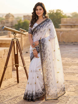 SATRANI - White Printed Linen Ready To Wear Saree with Unstitched Blouse