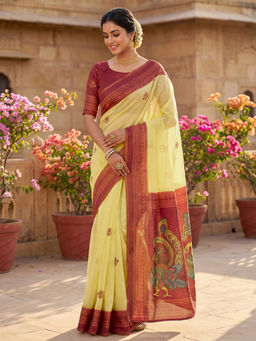 SATRANI - Lemon Yellow Floral Printed Linen Ready To Wear Saree with Unstitched Blouse
