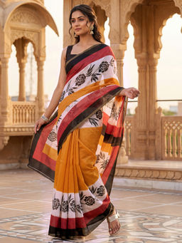 SATRANI - Mustard Floral Printed Linen Ready To Wear Saree with Unstitched Blouse