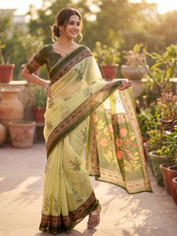 SATRANI - Light Yellow Floral Printed Linen Ready To Wear Saree with Unstitched Blouse
