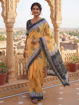 SATRANI - Yellow Floral Printed Linen Ready To Wear Saree with Unstitched Blouse
