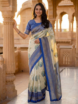 SATRANI - Beige Printed Banglori Silk Ready To Wear Saree with Unstitched Blouse
