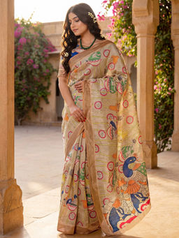 SATRANI - Beige Printed Banglori Silk Ready To Wear Saree with Unstitched Blouse