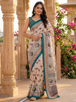 SATRANI - Beige Floral Printed Banglori Silk Ready To Wear Saree with Unstitched Blouse