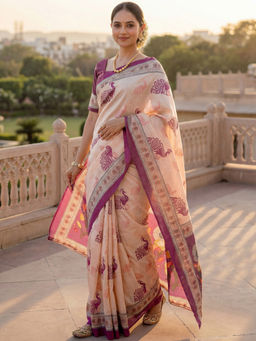 SATRANI - Dark Beige Printed Banglori Silk Ready To Wear Saree with Unstitched Blouse