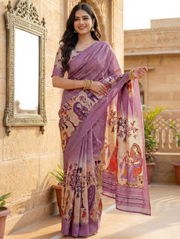 SATRANI - Dusty Mauve Printed Banglori Silk Ready To Wear Saree with Unstitched Blouse