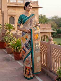 SATRANI - Beige Printed Banglori Silk Ready To Wear Saree with Unstitched Blouse
