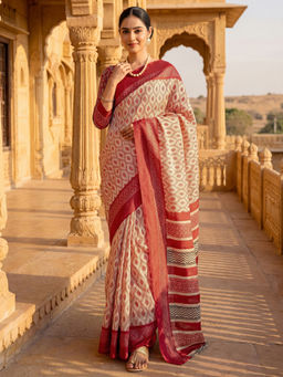 SATRANI - Off-White Printed Banglori Silk Ready To Wear Saree with Unstitched Blouse
