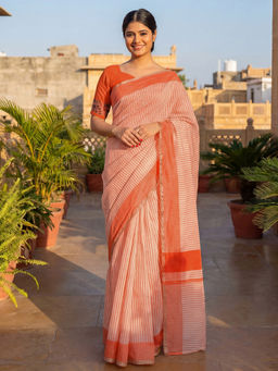SATRANI - Off-White Stripes Printed Linen Ready To Wear Saree with Unstitched Blouse