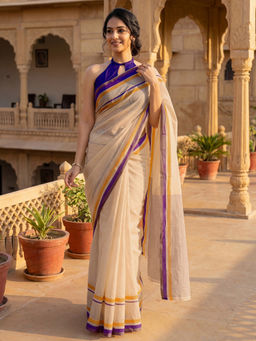 SATRANI - Off-White Printed Linen Ready To Wear Saree with Unstitched Blouse