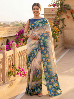 SATRANI - Beige Printed Banglori Silk Ready To Wear Saree with Unstitched Blouse