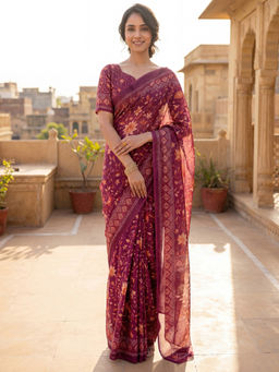 SATRANI - Dusty Wine Floral Printed Linen Ready To Wear Saree with Unstitched Blouse