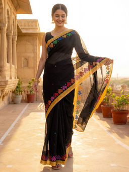 SATRANI - Black Linen Ready To Wear Saree with Unstitched Blouse
