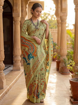 SATRANI - Pista Green Printed Banglori Silk Ready To Wear Saree with Unstitched Blouse