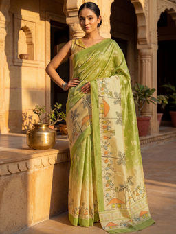 SATRANI - Parrot Green Printed Banglori Silk Ready To Wear Saree with Unstitched Blouse