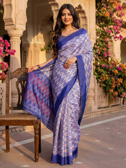 SATRANI - Lavender Ikkat Printed Banglori Silk Ready To Wear Saree with Unstitched Blouse
