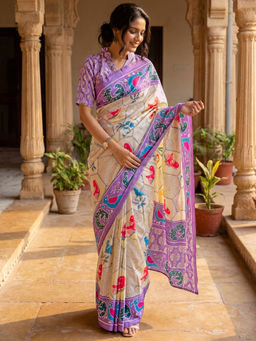 SATRANI - Off-White Printed Banglori Silk Ready To Wear Saree with Unstitched Blouse