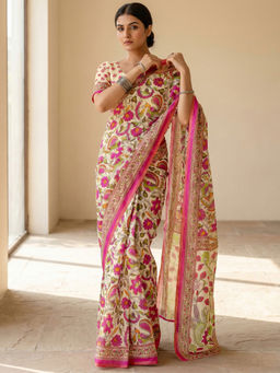 SATRANI - Off-White Floral Printed Linen Ready To Wear Saree with Unstitched Blouse