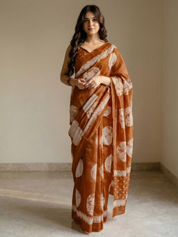 SATRANI - Dusty Orange Printed Linen Ready To Wear Saree with Unstitched Blouse