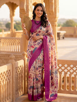 SATRANI - Peach Madhubani Printed Banglori Silk Ready To Wear Saree with Unstitched Blouse