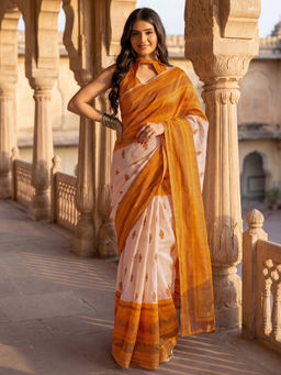 SATRANI - Peach Printed Linen Ready To Wear Saree with Unstitched Blouse