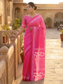 SATRANI - Pink Printed Banglori Silk Ready To Wear Saree with Unstitched Blouse