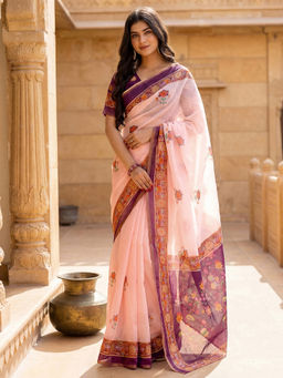 SATRANI - Light Pink Floral Printed Linen Ready To Wear Saree with Unstitched Blouse