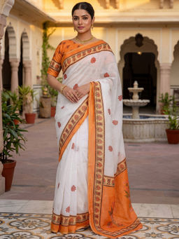 SATRANI - White Floral Printed Linen Ready To Wear Saree with Unstitched Blouse