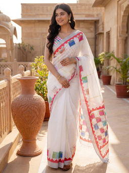 SATRANI - White Printed Linen Ready To Wear Saree with Unstitched Blouse