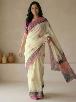 SATRANI - Yellow Floral Printed Linen Ready To Wear Saree with Unstitched Blouse