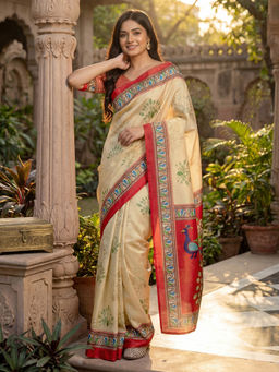 SATRANI - Beige Printed Banglori Silk Ready To Wear Saree with Unstitched Blouse
