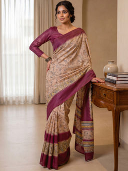 SATRANI - Dark Beige Floral Printed Banglori Silk Ready To Wear Saree with Unstitched Blouse